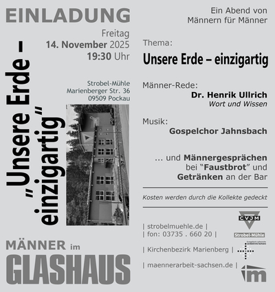 Flyer zur Veranstaltung „Männer im Glashaus – Unsere Erde ist einzigartig“ am 14. November 2025.